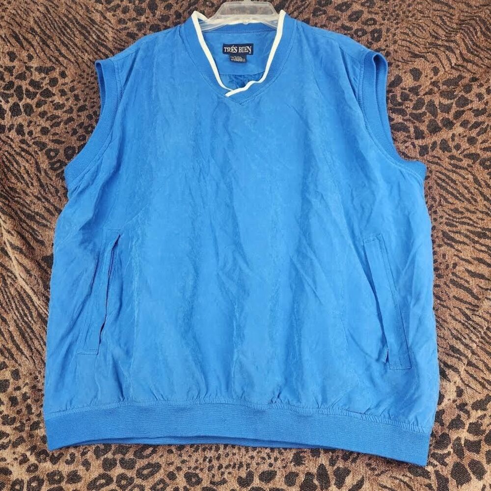 TRES BIEN Golf Vest Men's Size 2XL Blue Suede Sleeveless Zipper Pockets Lined